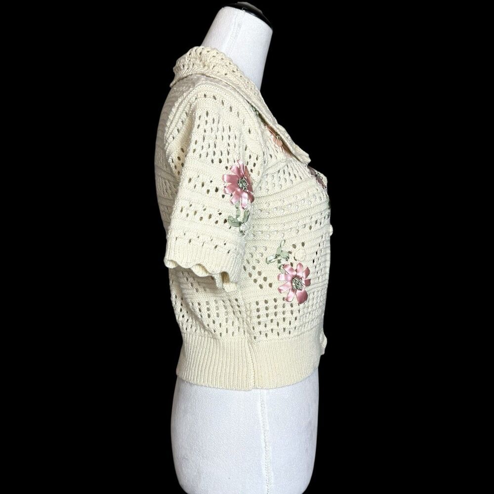 Y2K Open Knit Crochet Polo Sweater Button Up Top Floral Cottage Fairy Peasant - Picture 6 of 7